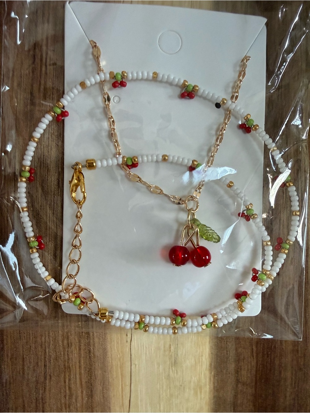 Gold-Tone Cherry Pendant Necklace in White & Red Beads